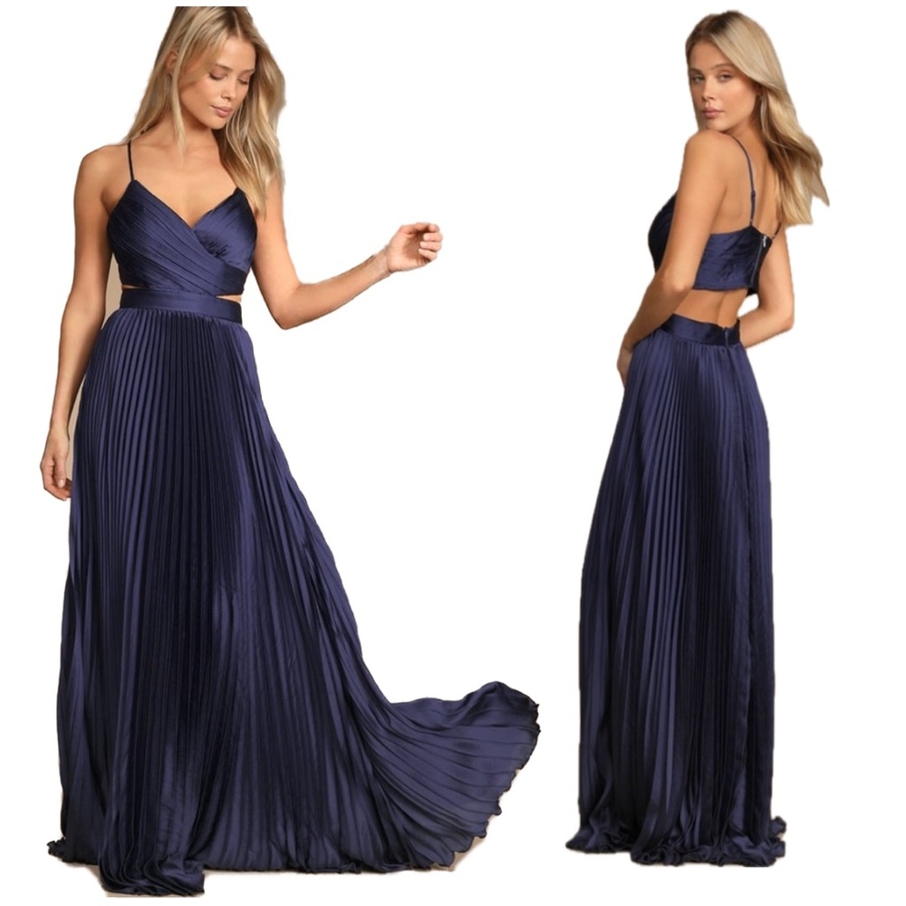 Lulu’s Got the Glam Satin Navy Blue / Purple Pleated Cutout Maxi Dress  NWOT M